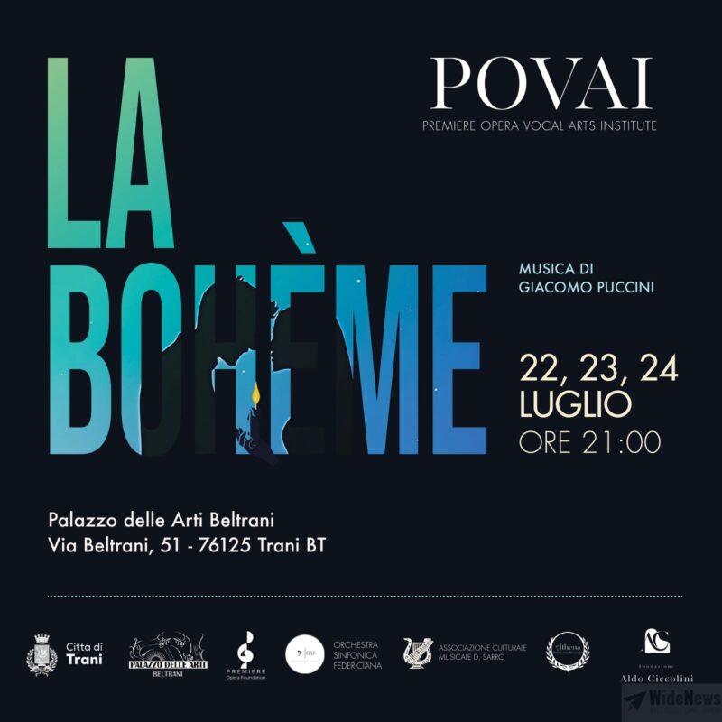 Loc. or. La bohème a Palazzo delle Arti Beltrani con cast internazionali, 22-24 luglio, Corte Davide Santorsola, Trani