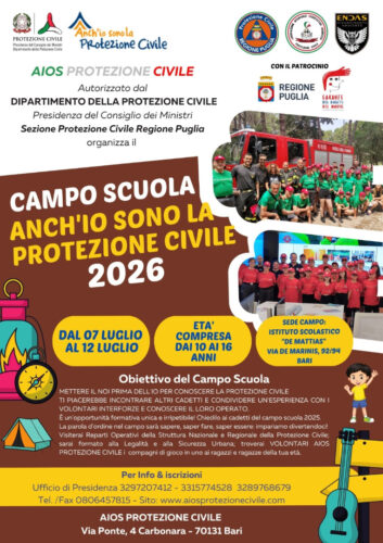 Formazione e esercitazioni pratiche: il campo scuola “Anch’io sono la Protezione Civile” torna a Bari