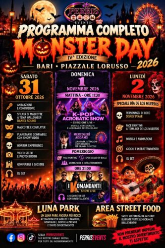 Monster Day 2026 a Bari: la IV ed. della festa di Halloween tra Luna Park, street food e spettacoli dal 31 ottobre al 2 novembre
